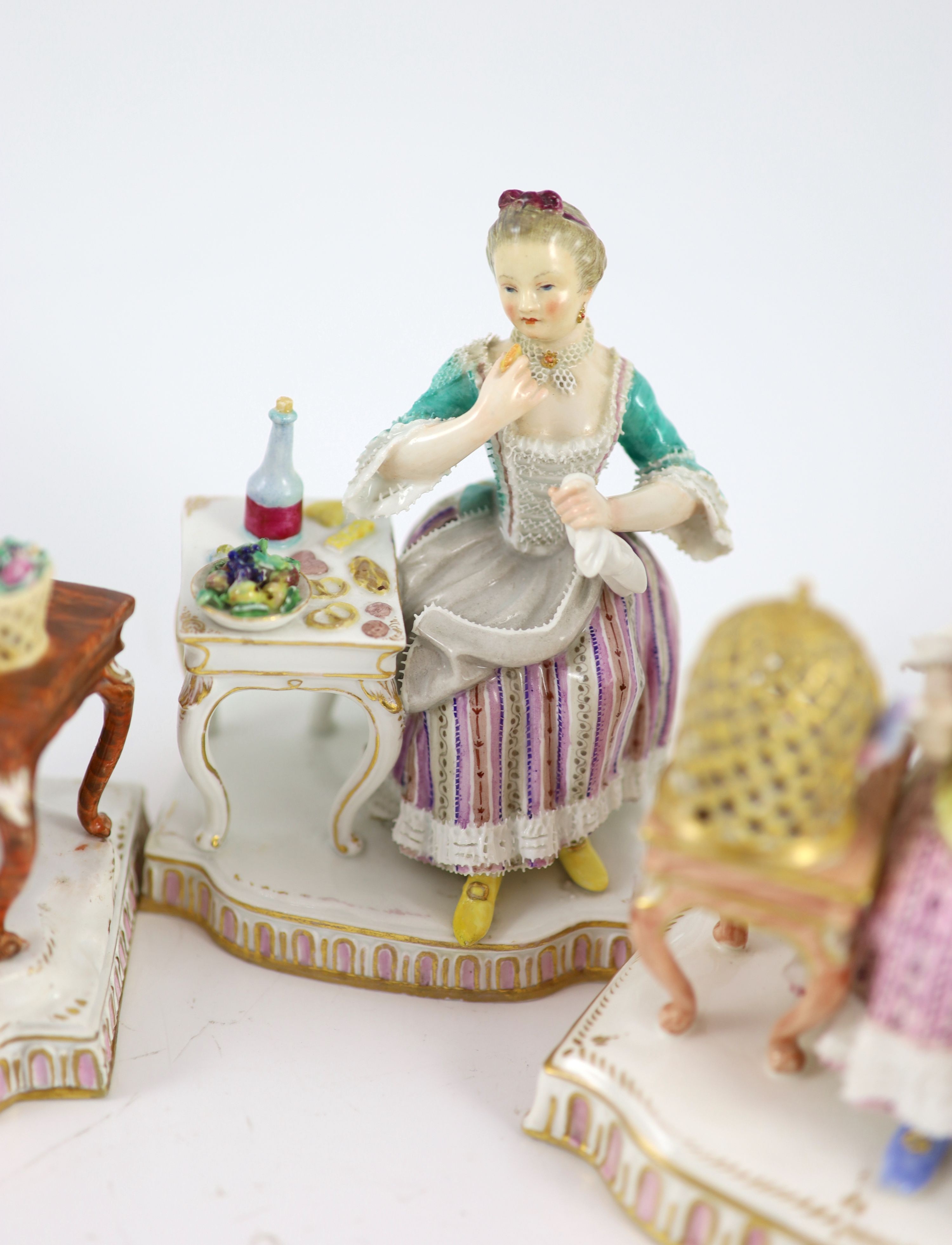 A composed set of five Meissen figures of the Senses, 19th/20th century, 12.5 cm - 14.5 cm high, small losses